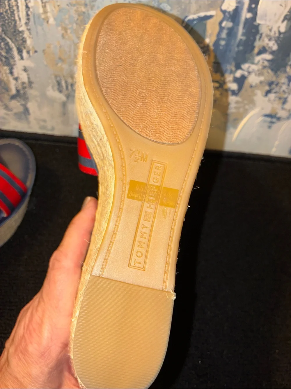 NWT Tommy Hilfiger Red & Navy Striped Espadrille Wedge Sandals Size 7.5